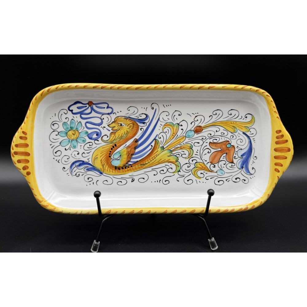 Deruta Italian Raffaellesco Dragon Rectangle Handled Side Plate 11” Italy Signed